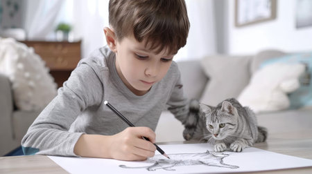 Watch as a young artist brings a whimsical cat to life on a blank canvas, using the power of AI generation to add a touch of magic to his creation. A charming and innovative display of creativity in just one stroke.の素材