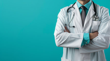 A polished doctor stands confidently, arms folded, in pristine lab coat, stethoscope, and dark tie.の素材