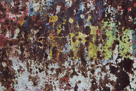 Texture of corrosion. The old iron surface with traces of rust and peeling paint.