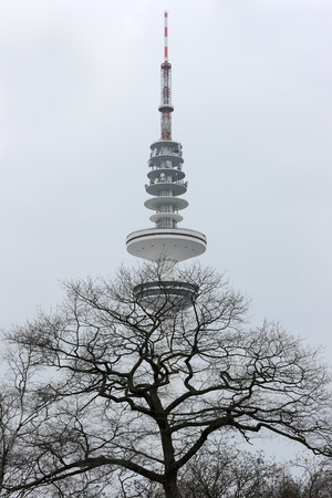 Hamburg TV tower. TV tower of Hamburg against the background of a misty sky in a city park in winter.の写真素材