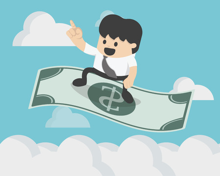 Successful Businessman sitting on the flying dollar magic carpet to on skyのイラスト素材