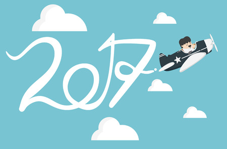 Drawing Airplane in the sky, new Year concept Flat vector clip art.のイラスト素材