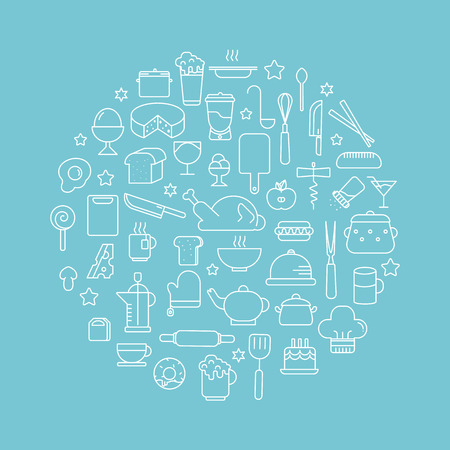 Kitchen and Cooking Foods background outline icons Kitchen. Food. Set of abstractのイラスト素材