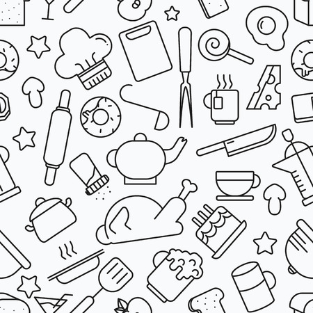 kitchen seamless pattern. White background with line icons Vector illustrationのイラスト素材