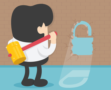 Young businessman with big hammer against wall symbol keyのイラスト素材