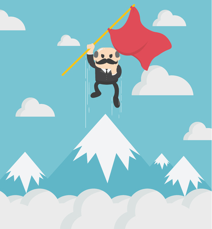 Concept of business financial success holds flag jumping on top of mountainのイラスト素材