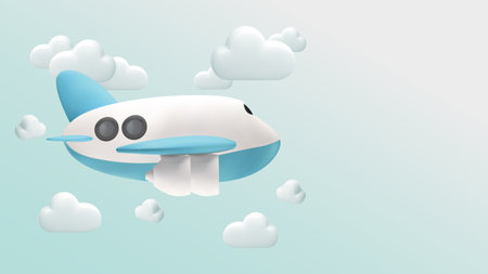 Airplane flying in clouds for travel. blue background for summer travel advertising design . Realistic 3d design of Travel concept in cartoon minimal style.のイラスト素材
