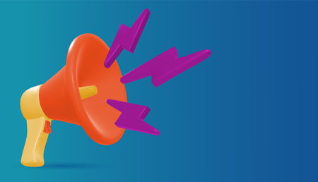 Marketing time concept, realistic 3d megaphone, loudspeaker with lightning bright colors . Vector...
