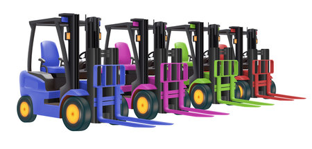 forklift art 3D vector design bright colors warehouse template services. Warehousing, storage, sorting, loading of goods Automatic robotic forklift truck white backgroundのイラスト素材