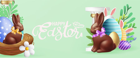 Easter poster and banner template with Easter eggs in the nest on background.Greetings and presents for Easter Day in flat lay styling.Promotion and shopping template for banner, web poster, flyer, stylish brochure, greeting card, cover. Spring Easterのイラスト素材