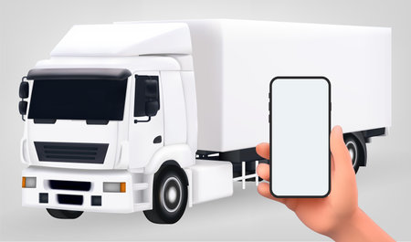 illustration Mock up of a smartphone in a man's hand. Against the backdrop of trucks, 3d vector Gradient Meshのイラスト素材