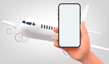 Smart phone in a man's hand. Against the backdrop of airplane , 3d vector Gradient Meshのイラスト素材