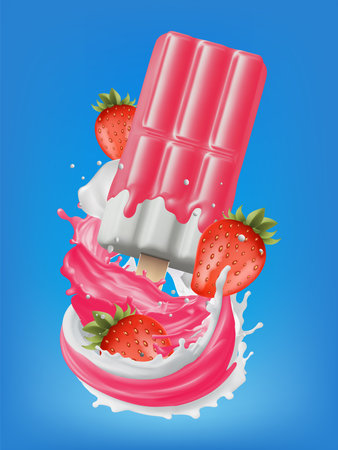 Strawberry ice cream in the middle on background. Realistic vector in 3D illustration Gradient Wesのイラスト素材