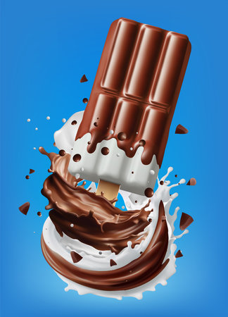 Dark chocolate ice cream in a splash of milk on background. Realistic vector in 3D illustration Gradient Wesのイラスト素材