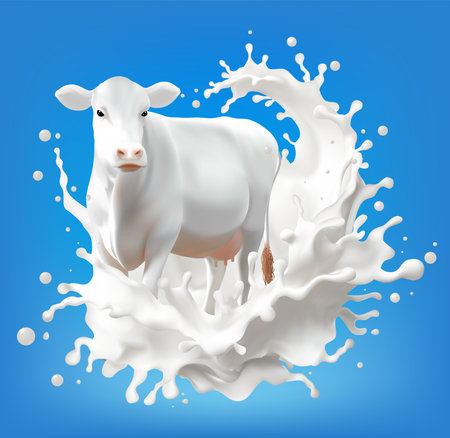 Poster Milk and yogurt liquid splashing of Cow dairy cattle Production agriculture farming on blue backgroundのイラスト素材