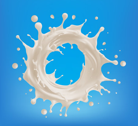 Top view Milk splash isolated on blue background. Natural dairy product, yogurt or cream in crown splash with flying drops. Realistic Vector illustration, Mesh gradient wesのイラスト素材