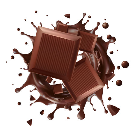 Dark chocolate bar chocolate Splashing with chocolate background and chocolate lava realistic splash of chocolate milk chocolate flow pouring, Realistic vector illustration, Mesh gradient wesのイラスト素材