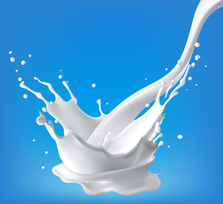 Milk jet, milky splash, vector realistic liquid white splash on isolated background. 3d illustration.のイラスト素材