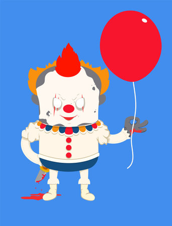 Cartoon Halloween  ghost character as scary clown for holiday horror night, Groovy retro cartoon spooky clown ghost with red  balloonのイラスト素材