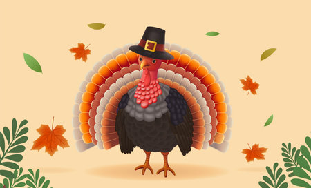 Thanksgiving day banner. Holiday background with realistic 3d turkey and orange pumpkin in pilgrim...