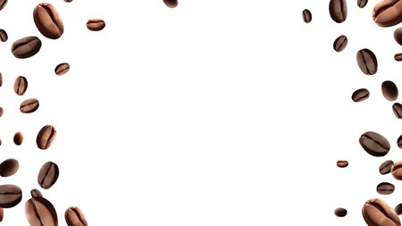Coffee beans falling Vector illustration 3D Realistic coffee beans falling  For coffee, coffee drink and product design concepts. Template on a white background Mesh gradient wes usedのイラスト素材