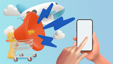 Online shopping on social media app. 3d Smartphone,airplaneのイラスト素材
