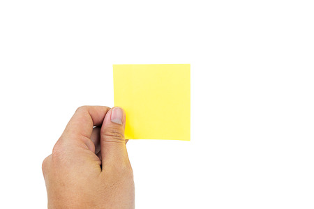 human man hands holding sticky notes paper Creative concept on white background with clipping pathの写真素材