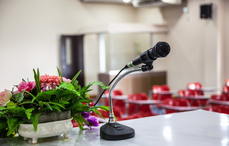 Black microphone on the table Meeting roomsの写真素材