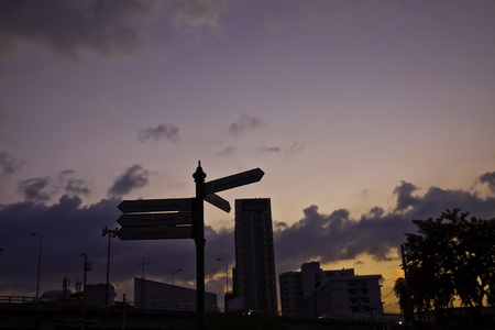 Signage upon the sky represents the decision making among the choices.の写真素材