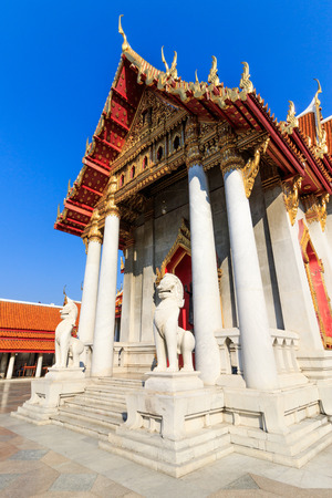 Traditional Thai style Stucco  Naga, Wood Carving Tympanum of Thai Roof Temple at Wat Benchamabopit Dusitvanaram in Bangkok, Thailandの写真素材