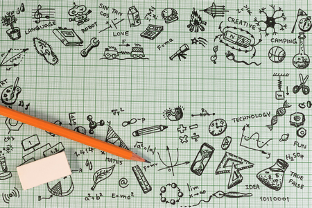 Education sketch design on notebook with copy space. Education concept thinking doodles icons set. School background of education icons set.の写真素材