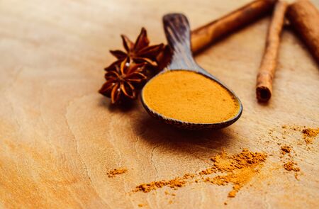 asian seasoning herbal for food and medical. Cooking spice with brown wooden.Cinnamon and five starsの写真素材
