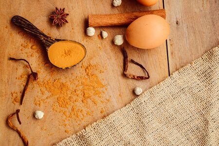 asian seasoning herbal for food and medical. Cooking spice with brown linenの写真素材