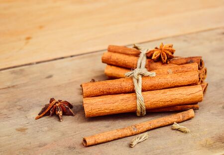 asian seasoning herbal for food and medical. Cooking spice with brown wooden.Cinnamon and five stars