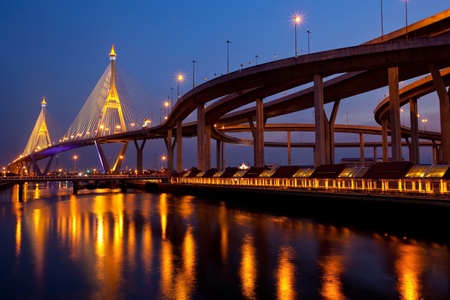 Bhumibol Bridge in Thailand,The bridge crosses the Chao Phraya River twice.