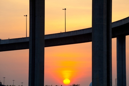 Bhumibol Bridge at sunset in Thailandの写真素材