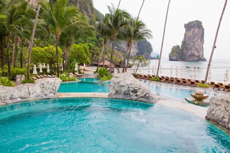 Swimming pool on the beach view of Thailandのeditorial素材