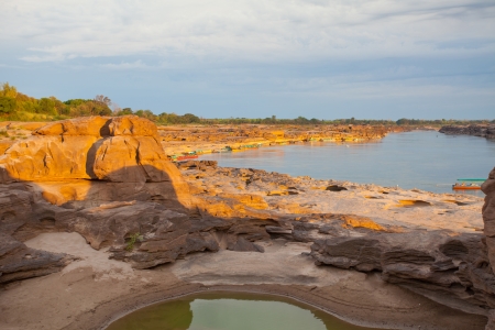 Sampanbok (3000 Hole), The Amazing of Rock in Mekong River, Ubon Ratchathani, Thailand.の写真素材