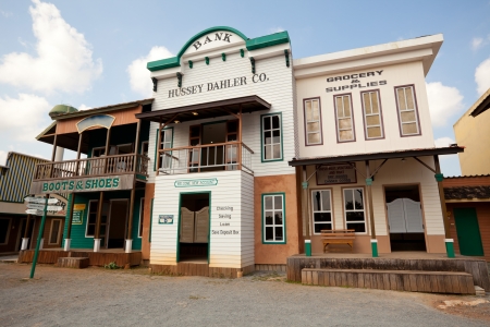 Western style Bank, grocery ,boots in an old American townのeditorial素材