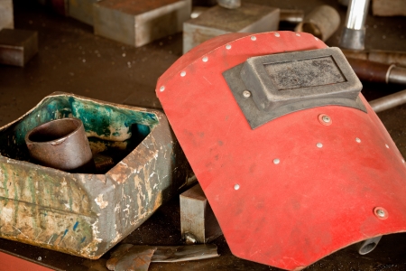 Industrial red welding mask and equipment in industrialの写真素材