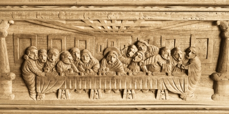 Pattern of Last Dinner carved on woodの写真素材