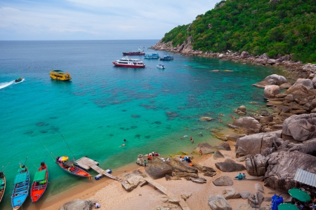 Aerial view of tourists snorkeling in the oceanの写真素材