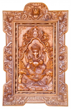 Hindu God Ganesh carving wood on white backgroundの写真素材