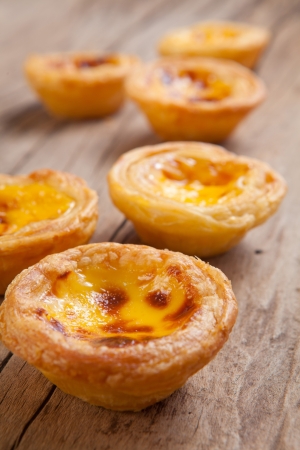delicious portuguese egg tart on wood backgroundの写真素材