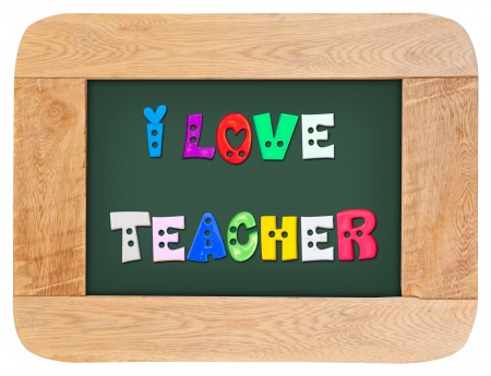 colorful letters with  i love teacher with wood frame isolated on white backgroundの写真素材