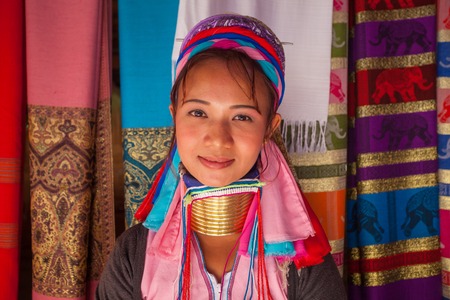 Long Neck woman in traditional costumes in Ban Huay Sua Tao village Mae Hong Son, Thailandの写真素材
