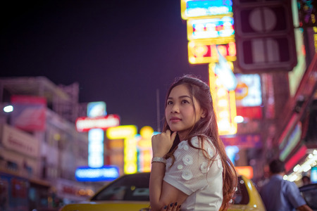 Portrait of asian woman, outdoor in night. Christmas and New Year conceptの写真素材