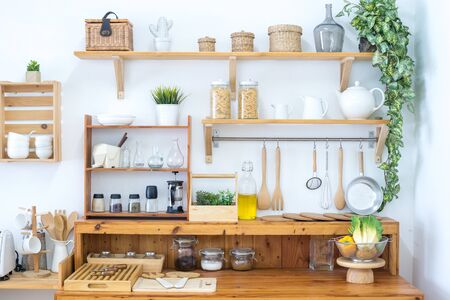 interior of kitchen brown retro desk space of woodの写真素材