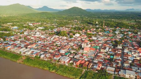 Aerial view sunset at Mekong river in Thailandの写真素材