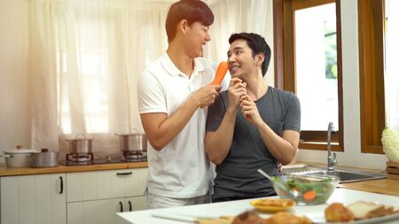 Asian gay couple homosexual cooking together in the kitchenの写真素材